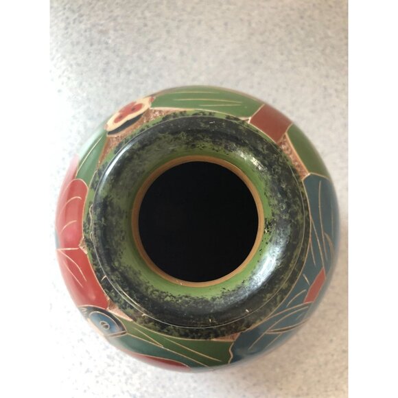 Celia Salazar Hand Carved Etched Clay Vase Toucan Monkey Butterfly Tropical 6" A - Picture 5 of 8